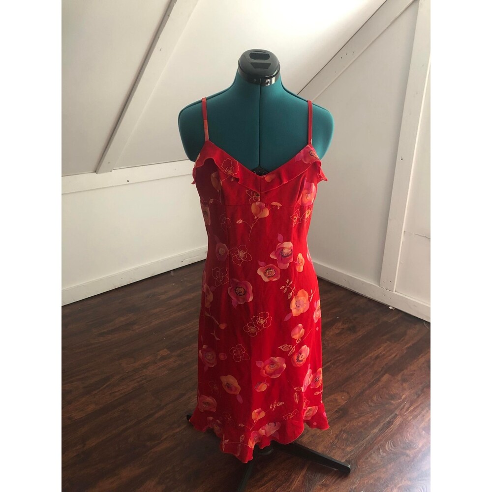 Vintage 2000s Y2K La Belle Red Floral Spaghetti Strap Ruffle Dress, size 7